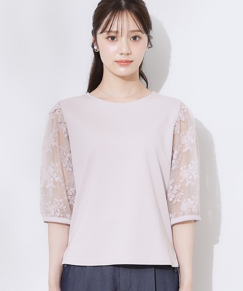 couture brooch（クチュールブローチ）の「【接触冷感・UV・マシンウォッシャブル】袖レースデザイントップス（Tシャツ/カットソー・レディース・ブラック/ピンク/オフホワイト・36/38/40/42）」の16枚目の写真