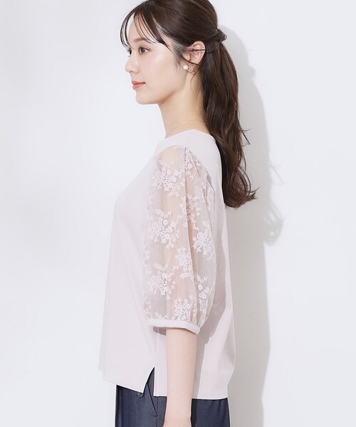 couture brooch（クチュールブローチ）の「【接触冷感・UV・マシンウォッシャブル】袖レースデザイントップス（Tシャツ/カットソー・レディース・ブラック/ピンク/オフホワイト・36/38/40/42）」の17枚目の写真