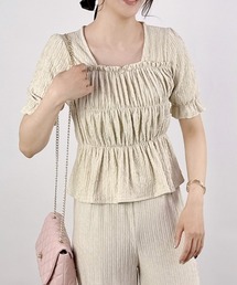 CLOTHY（クロシィ）の「【着るだけで完成。ペプラム×パンツ。】ジャガードセットアップ(半袖)（セットアップ）」
