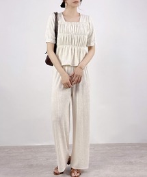 CLOTHY（クロシィ）の「【着るだけで完成。ペプラム×パンツ。】ジャガードセットアップ(半袖)（セットアップ）」