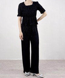 CLOTHY（クロシィ）の「【着るだけで完成。ペプラム×パンツ。】ジャガードセットアップ(半袖)（セットアップ）」