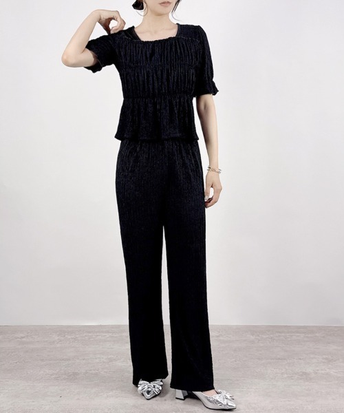CLOTHY(クロシィ)の「【着るだけで完成。ペプラム×パンツ。】ジャガードセットアップ(半袖)(セットアップ・レディース・ブラック/アイボリー/イエロー/ベージュ・MEDIUM)」の14枚目の写真
