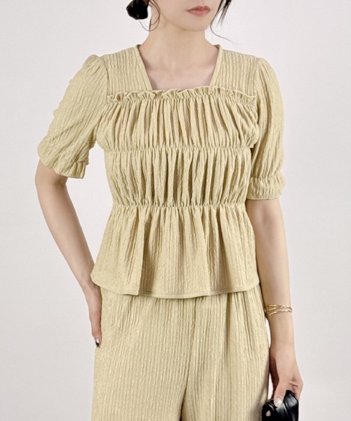 CLOTHY(クロシィ)の「【着るだけで完成。ペプラム×パンツ。】ジャガードセットアップ(半袖)(セットアップ・レディース・ブラック/アイボリー/イエロー/ベージュ・MEDIUM)」の16枚目の写真