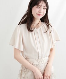 デザイン釦配色フレア袖ブラウス