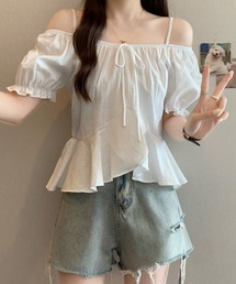 フロント リボン ペプラム ストラップ付き パフスリーブ ブラウス