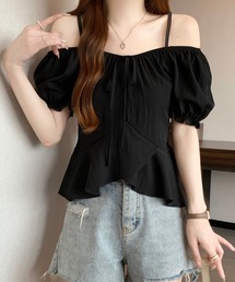 フロント リボン ペプラム ストラップ付き パフスリーブ ブラウス