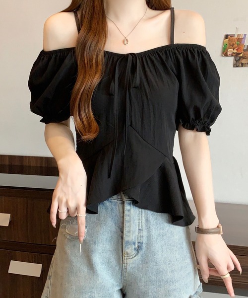 Lace Ladies(レースレディース)の「フロント リボン ペプラム ストラップ付き パフスリーブ ブラウス(シャツ/ブラウス・レディース・ブラック/ホワイト/イエロー/ネイビー・FREE)」の5枚目の写真