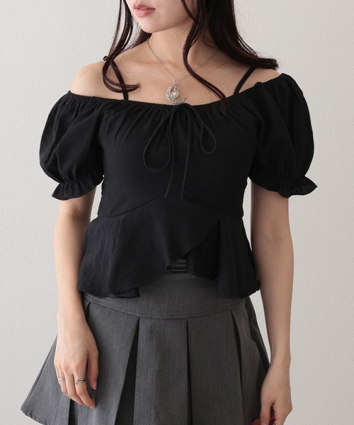 Lace Ladies(レースレディース)の「フロント リボン ペプラム ストラップ付き パフスリーブ ブラウス(シャツ/ブラウス・レディース・ブラック/ホワイト/イエロー/ネイビー・FREE)」の9枚目の写真