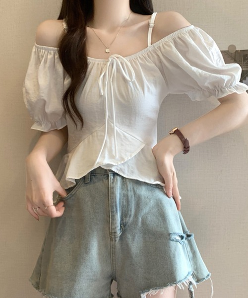 Lace Ladies(レースレディース)の「フロント リボン ペプラム ストラップ付き パフスリーブ ブラウス(シャツ/ブラウス・レディース・ブラック/ホワイト/イエロー/ネイビー・FREE)」の10枚目の写真