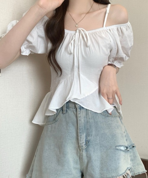 Lace Ladies(レースレディース)の「フロント リボン ペプラム ストラップ付き パフスリーブ ブラウス(シャツ/ブラウス・レディース・ブラック/ホワイト/イエロー/ネイビー・FREE)」の11枚目の写真
