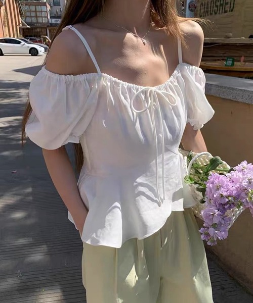 Lace Ladies(レースレディース)の「フロント リボン ペプラム ストラップ付き パフスリーブ ブラウス(シャツ/ブラウス・レディース・ブラック/ホワイト/イエロー/ネイビー・FREE)」の12枚目の写真