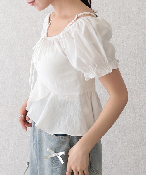 (取寄) ラッキーブランド レディース シフリー ペプラム パフ スリーブ トップ Top セール】フロント リボン ペプラム ストラップ付き パフスリーブ