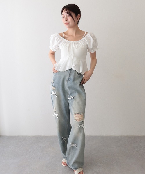 Lace Ladies(レースレディース)の「フロント リボン ペプラム ストラップ付き パフスリーブ ブラウス(シャツ/ブラウス・レディース・ブラック/ホワイト/イエロー/ネイビー・FREE)」の14枚目の写真