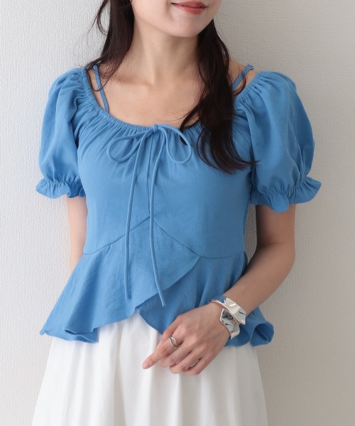 tシャツ リボンネックパフスリーブペプラムトップス レディース Fit more ブラウス シャツ Vネックフリンジドットペプラム