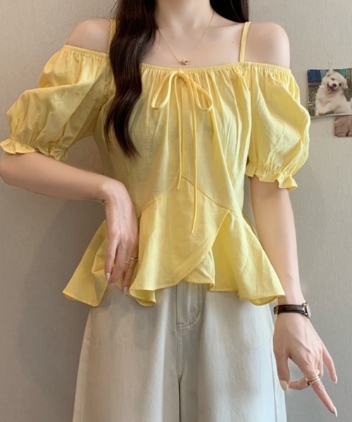 ブラウス シャツ フリルパフ袖フロントレースリボンペプラムブラウス レディース Fit more ブラウス シャツ フロントフリルペプラムブラウス