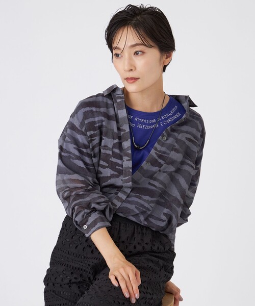 ブラウス シャツ 「接触冷感」「ウォッシャブル」シアーボイルゼブラロングシャツ レディース セール】【L】【接触冷感】【ウォッシャブル】シアーボイル