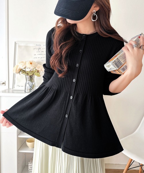 【新品タグ付】スナイデル　ペプラムカーディガン　リブニット　トップス　フリル　黒 セール】'メリハリ'シルエットで即きれい見え◎リブフリルペプラム