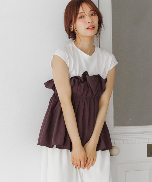 mysty woman(ミスティウーマン)の「ギャザービスチェツキフレンチスリーブ 581418(Tシャツ/カットソー・レディース・ブラック/ライトグレー/ブラウン・FREE)」の3枚目の写真