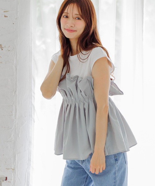 mysty woman(ミスティウーマン)の「ギャザービスチェツキフレンチスリーブ 581418(Tシャツ/カットソー・レディース・ブラック/ライトグレー/ブラウン・FREE)」の19枚目の写真