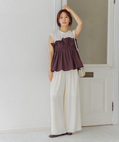 mysty woman(ミスティウーマン)の「ギャザービスチェツキフレンチスリーブ 581418(Tシャツ/カットソー・レディース・ブラック/ライトグレー/ブラウン・FREE)」の16枚目の写真