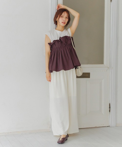 mysty woman(ミスティウーマン)の「ギャザービスチェツキフレンチスリーブ 581418(Tシャツ/カットソー・レディース・ブラック/ライトグレー/ブラウン・FREE)」の17枚目の写真