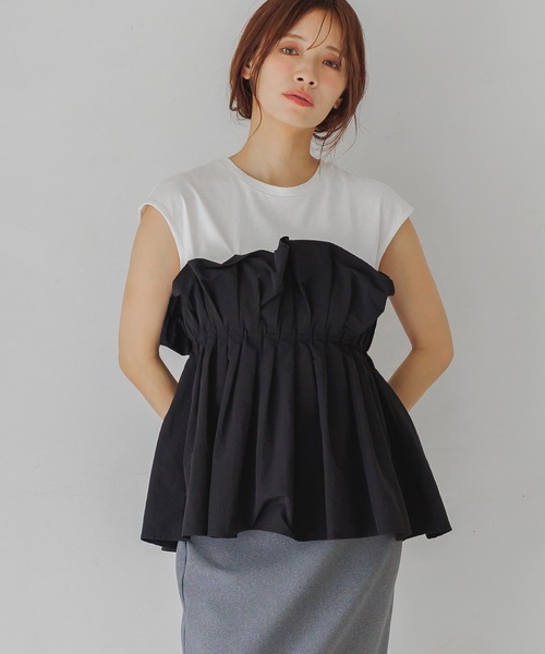 mysty woman(ミスティウーマン)の「ギャザービスチェツキフレンチスリーブ 581418(Tシャツ/カットソー・レディース・ブラック/ライトグレー/ブラウン・FREE)」の21枚目の写真