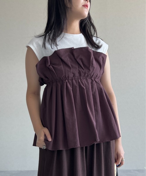 mysty woman(ミスティウーマン)の「ギャザービスチェツキフレンチスリーブ 581418(Tシャツ/カットソー・レディース・ブラック/ライトグレー/ブラウン・FREE)」の22枚目の写真