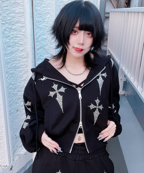 【美品】REFLEM レフレム クロス総柄ラインストーンZIPパーカー REFLEM パーカー 「REFLEM/レフレム」クロス総柄ラインストーンZIP