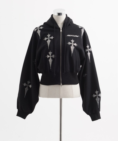 REFLEM/レフレム』クロス総柄ラインストーンクロップドZIPパーカー