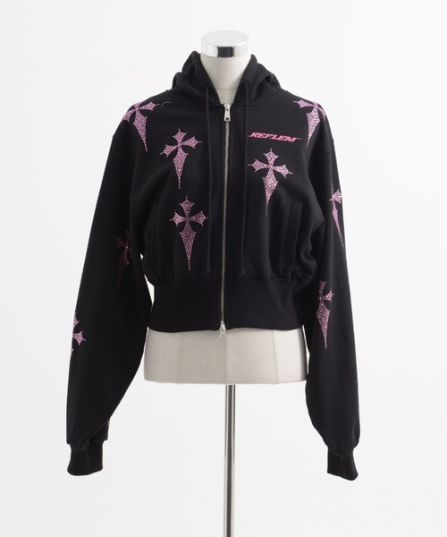 REFLEM/レフレム』クロス総柄ラインストーンクロップドZIPパーカー