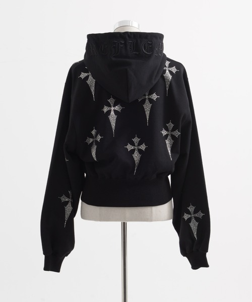 REFLEM/レフレム』クロス総柄ラインストーンクロップドZIPパーカー