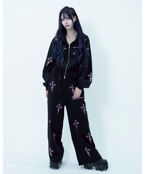 極美品　REFLEM　クロス総柄　ラインストーン　ジップパーカー　黒　赤　F 極美品 REFLEM クロス総柄 ラインストーン ジップパーカー 黒 赤