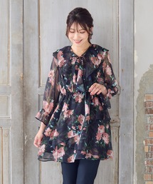 美品【ローズティアラ】大きいサイズ46フリルチュニックブラウス7分袖／グリーン 大きいサイズ 7分袖レース使いバンドカラーチュニックブラウス