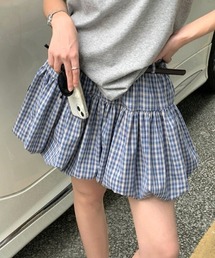 チェック柄フラワーバッドパフミニスカート