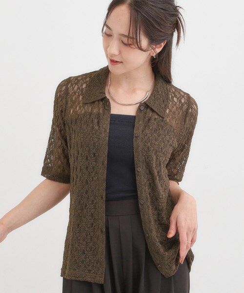 DRESKIP(ドレスキップ)の「【S-LL/5分袖】大人の抜け感 襟付きレーストップス(Tシャツ/カットソー・レディース・ブラック/ブラウン系・04/03/02/01)」の1枚目の写真