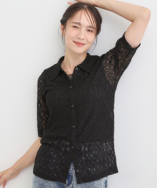 DRESKIP(ドレスキップ)の「【S-LL/5分袖】大人の抜け感 襟付きレーストップス(Tシャツ/カットソー・レディース・ブラック/ブラウン系・04/03/02/01)」の2枚目の写真