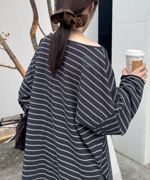 CIAOPANIC TYPY（チャオパニックティピー）の「シアースラブボーダーワンポイント刺繍オーバTee（Tシャツ/カットソー・レディース・ライトグレー/レッド/ネイビー/サックスブルー・ONE SIZE）」の3枚目の写真