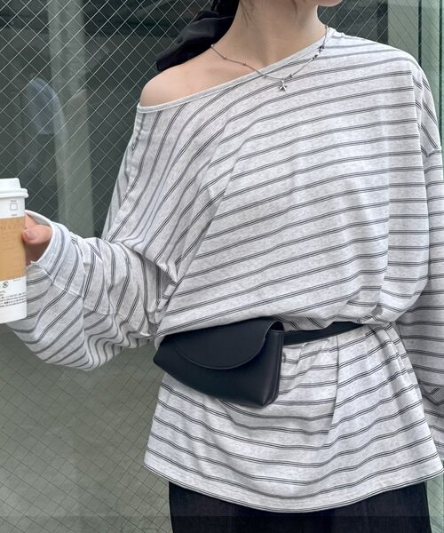 CIAOPANIC TYPY（チャオパニックティピー）の「シアースラブボーダーワンポイント刺繍オーバTee（Tシャツ/カットソー・レディース・ライトグレー/レッド/ネイビー/サックスブルー・ONE SIZE）」の6枚目の写真