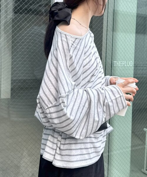 CIAOPANIC TYPY（チャオパニックティピー）の「シアースラブボーダーワンポイント刺繍オーバTee（Tシャツ/カットソー・レディース・ライトグレー/レッド/ネイビー/サックスブルー・ONE SIZE）」の7枚目の写真