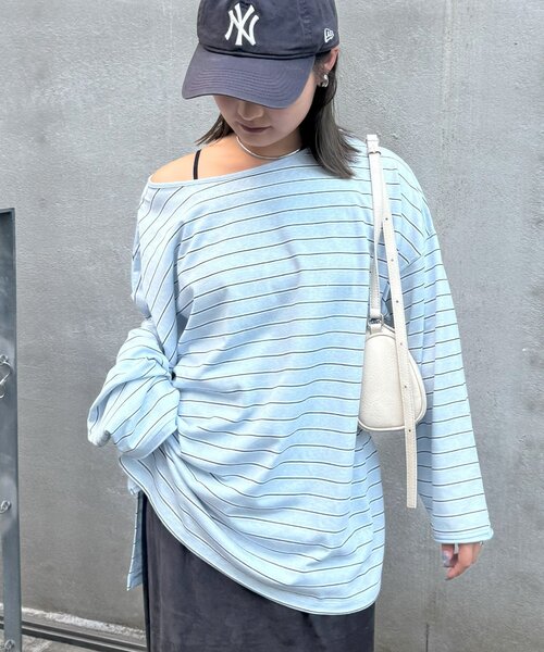 CIAOPANIC TYPY（チャオパニックティピー）の「シアースラブボーダーワンポイント刺繍オーバTee（Tシャツ/カットソー・レディース・ライトグレー/レッド/ネイビー/サックスブルー・ONE SIZE）」の21枚目の写真