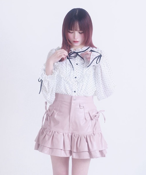 FickleBebe（フィクルベベ）の「フェイクレザーリボンスカート（スカート・レディース・ダークブラウン/ピンク/ブラック・0/1）」の3枚目の写真