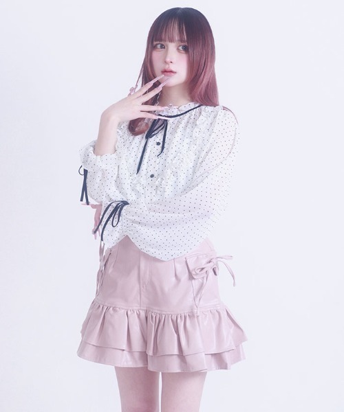 FickleBebe（フィクルベベ）の「フェイクレザーリボンスカート（スカート・レディース・ダークブラウン/ピンク/ブラック・0/1）」の4枚目の写真