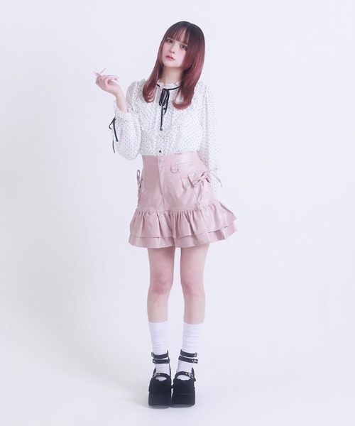 FickleBebe（フィクルベベ）の「フェイクレザーリボンスカート（スカート・レディース・ダークブラウン/ピンク/ブラック・0/1）」の6枚目の写真