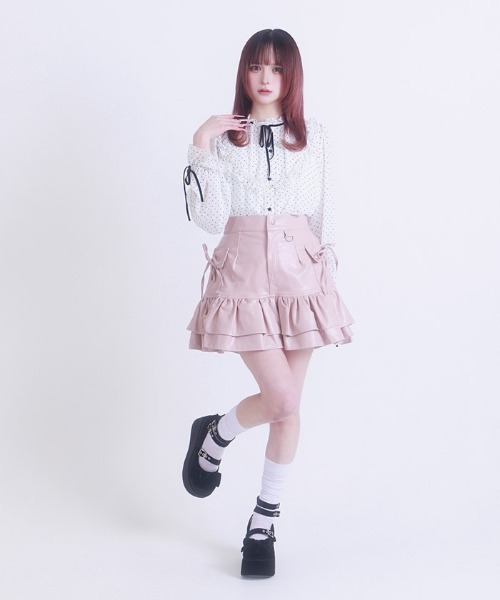 FickleBebe（フィクルベベ）の「フェイクレザーリボンスカート（スカート・レディース・ダークブラウン/ピンク/ブラック・0/1）」の5枚目の写真