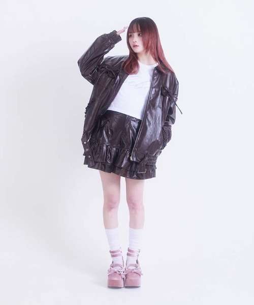 FickleBebe（フィクルベベ）の「フェイクレザーリボンスカート（スカート・レディース・ダークブラウン/ピンク/ブラック・0/1）」の8枚目の写真