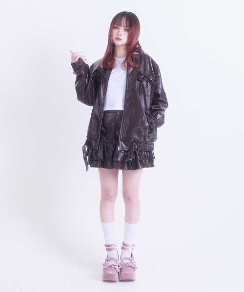 FickleBebe（フィクルベベ）の「フェイクレザーリボンスカート（スカート・レディース・ダークブラウン/ピンク/ブラック・0/1）」の9枚目の写真
