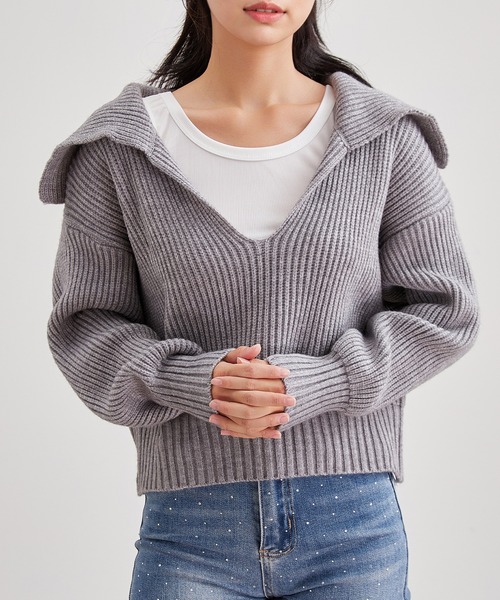 Lace Ladies(レースレディース)の「スキッパー セーラーカラー リブ ニット プルオーバー(ニット/セーター・レディース・ブラック/アイボリー/オリーブ/グレー/ベージュ・FREE)」の4枚目の写真