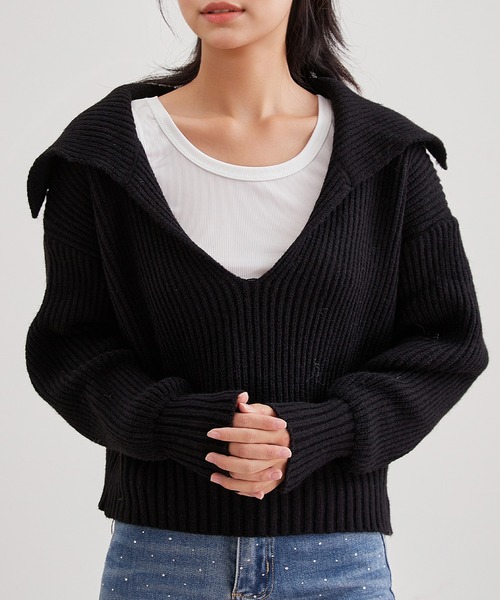 Lace Ladies(レースレディース)の「スキッパー セーラーカラー リブ ニット プルオーバー(ニット/セーター・レディース・ブラック/アイボリー/オリーブ/グレー/ベージュ・FREE)」の3枚目の写真