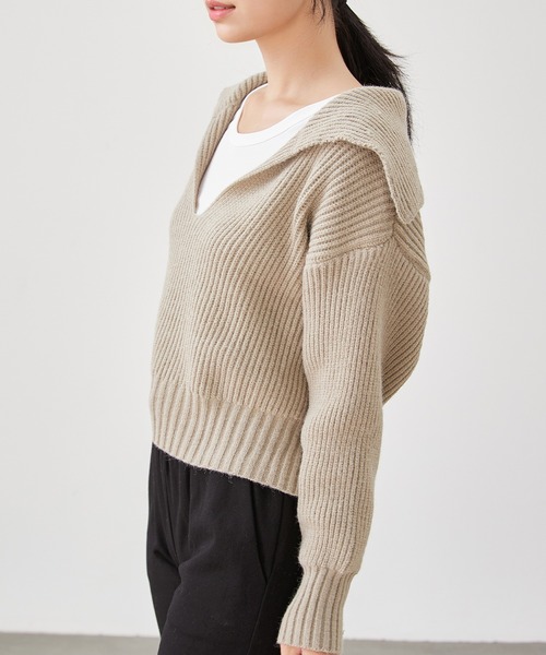 Lace Ladies(レースレディース)の「スキッパー セーラーカラー リブ ニット プルオーバー(ニット/セーター・レディース・ブラック/アイボリー/オリーブ/グレー/ベージュ・FREE)」の10枚目の写真
