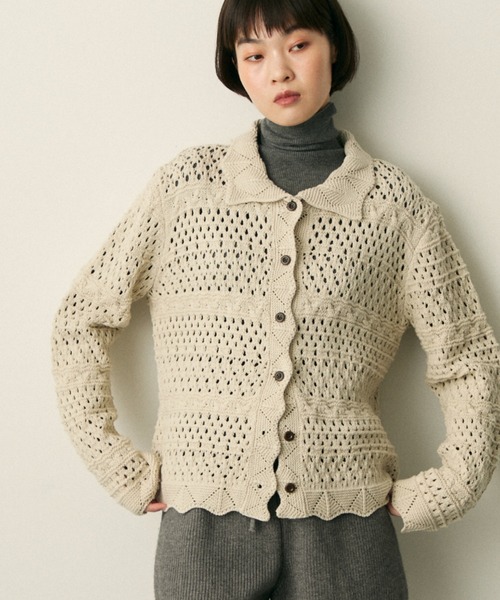 full/fill.(フルフィル)の「mix pattern knit shirt cardigan / ミックスパターンニットシャツカーディガン(ニット/セーター・レディース・アイボリー/ネイビー・FREE)」の2枚目の写真